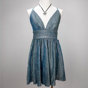 Metallic Blue Pleated Fit-and-Flare Dress - Lulus Party Event Look